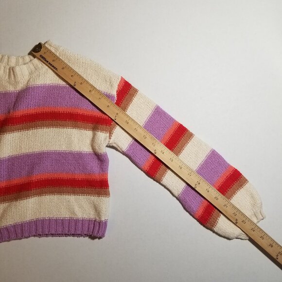 Billabong Striped Knit Sweater Cropped Lavender Orange Crew Neck Top Medium - Picture 5 of 7